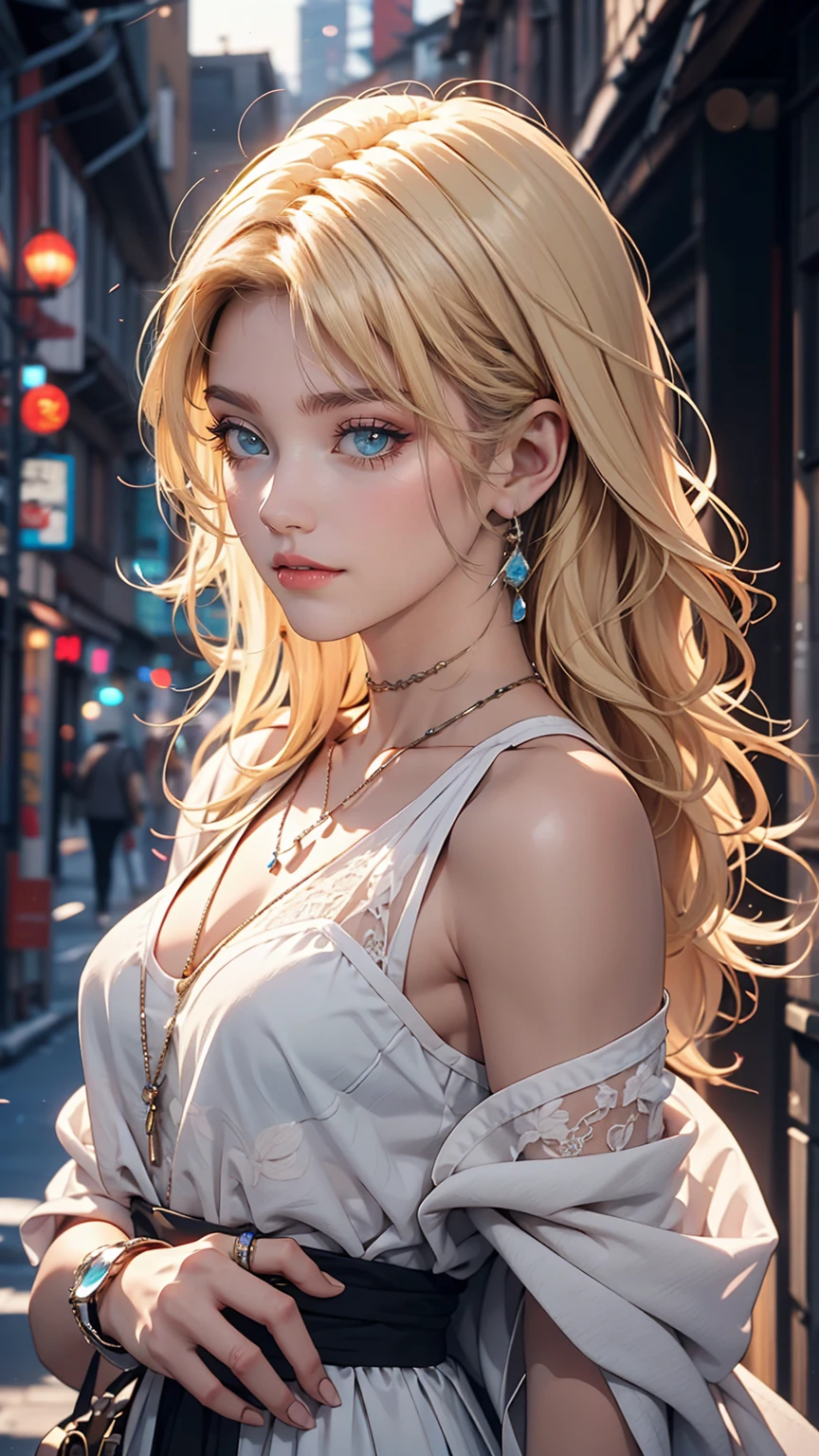 25-year-old Caucasian female、Platinum Blonde、blue eyes、long hair、My hair is wavy、Wearing accessories on the wrist、I'm wearing a choker、Shiny skin、smile、I want my head to stay off screen、In the back alleys of the downtown area、Wearing a lace dresy chest is popping out、I'm wearing high heels、I'm running my hands through my hair