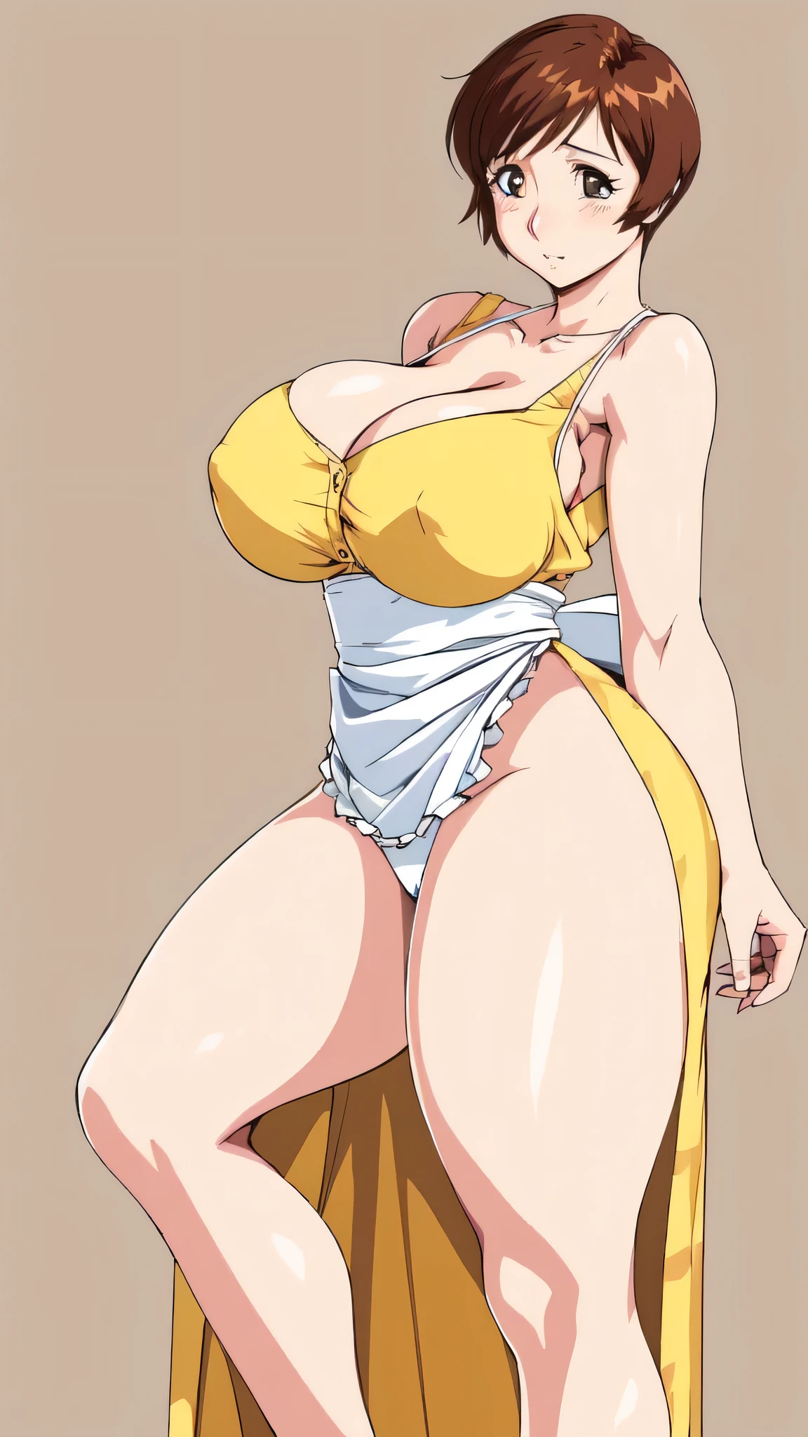 masterpiece, highest quality, High resolution, One Girl, alone, alone, short hair, etsukoto, fine grain, fine grain, (((Thick thighs, Plump thighs, Voluptuous thighs, Thighs are enough))), Big and ample breasts, Cleavage, Huge long breasts, Naughty big,((Big breasts are important))、((Naughty thighs)), L Cup, (thin:1.4),(Tight waist:1.4),  (Perfect beautiful yellow dress:1.4), ((white waist apron)), ((facing down)), White panties, (((Simple Background))), ((Wide Hips)), Shiny, Oily skin, Mature mother, Calf, Seductive mature woman, Perfect body, Plus Size Model, etsukoto, blush, clavicle, retro artstyle, 1990s (style), (((slip legs, bare legs, showing legs))), full body, from side, contrappost,