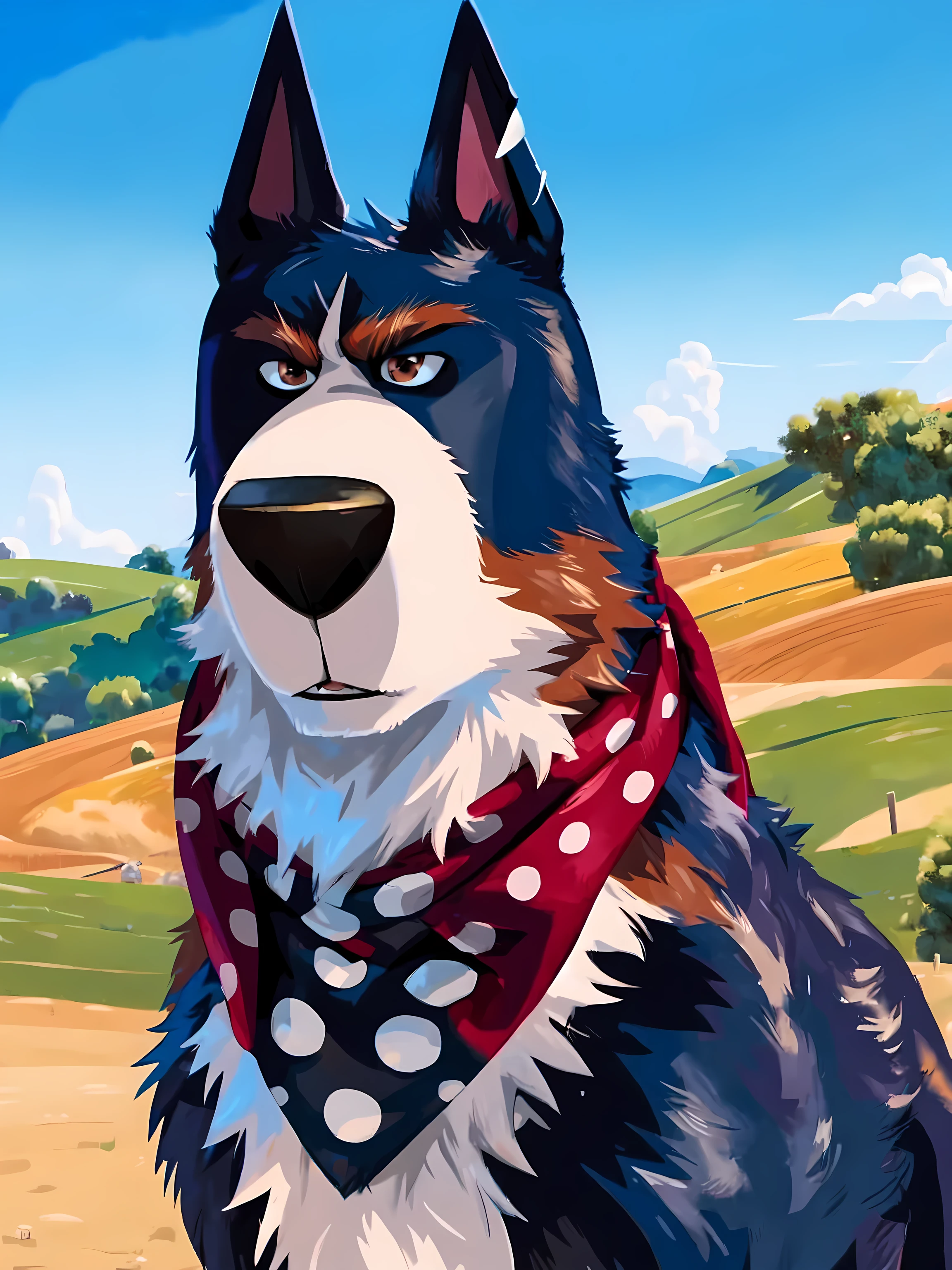 rooster the dog, masculine, male, quadruped, feral dog, very muscular:1.4, muscles:1.4, pectorals:1.2, biceps, muscular shoulders, muscular neck, wide chest, muscular chest, negger style, wfa style, juiceps style, countryside background, watercolors, red scarf, cel shading, full body, detailed eyes, high quality, high resolution, detailed,