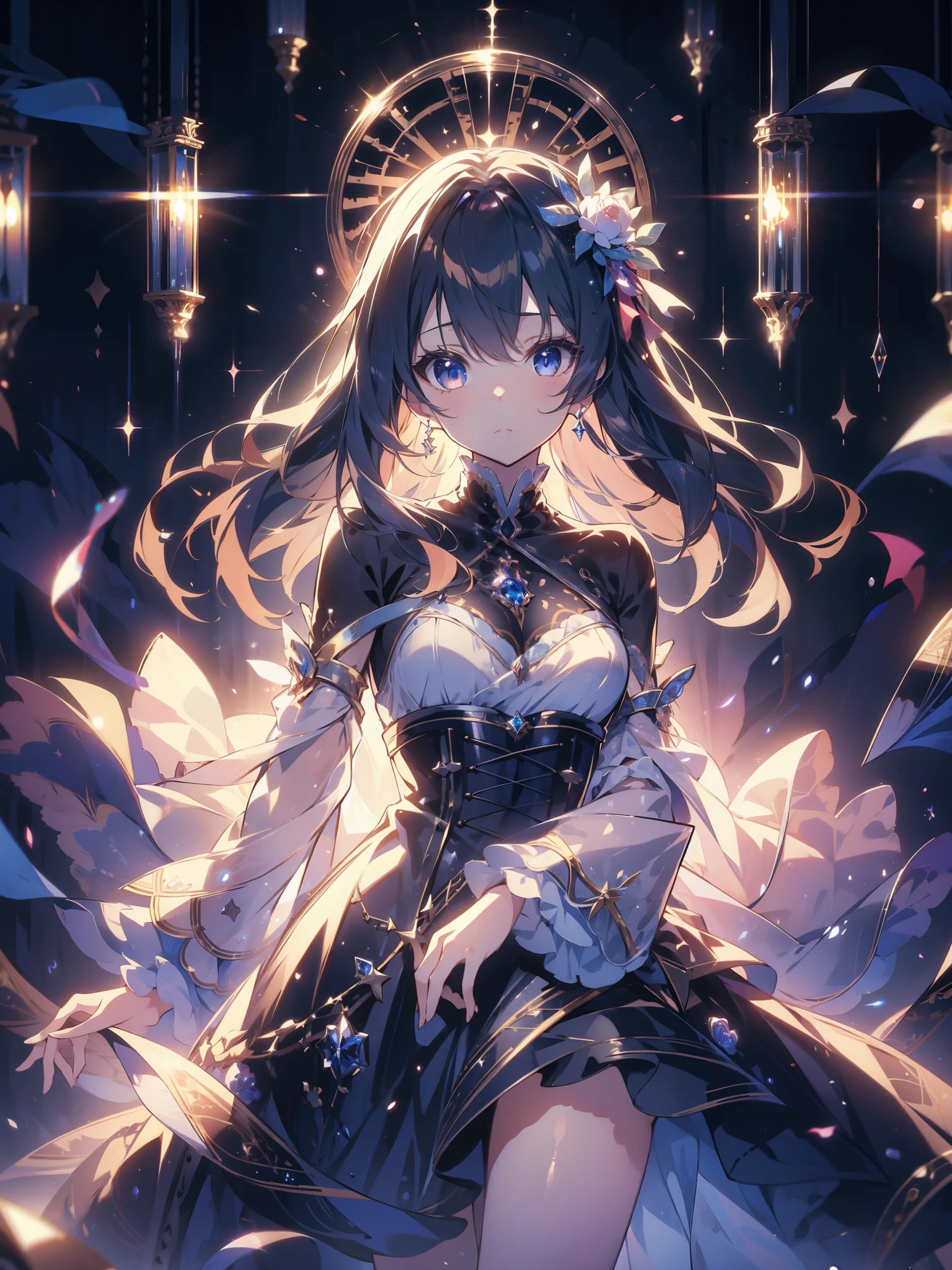 (anime)、(masterpiece:1.2),(high definition)、World of mirrors、Girl surrounded by mirrors、Sad face、cute、Light effects
