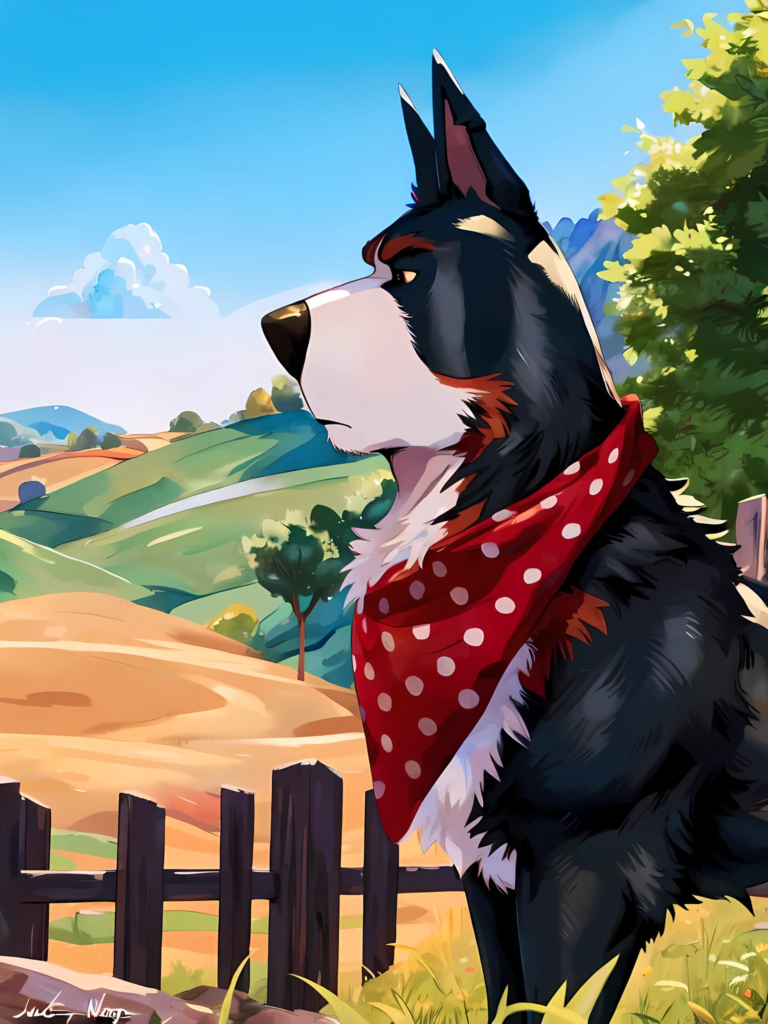 rooster the dog, masculine, male, quadruped, feral dog, very muscular:1.4, muscles:1.4, pectorals:1.2, biceps, muscular shoulders, muscular neck, wide chest, muscular chest, negger style, wfa style, juiceps style, countryside background, watercolors, red scarf, cel shading, full body, detailed eyes, high quality, high resolution, detailed,