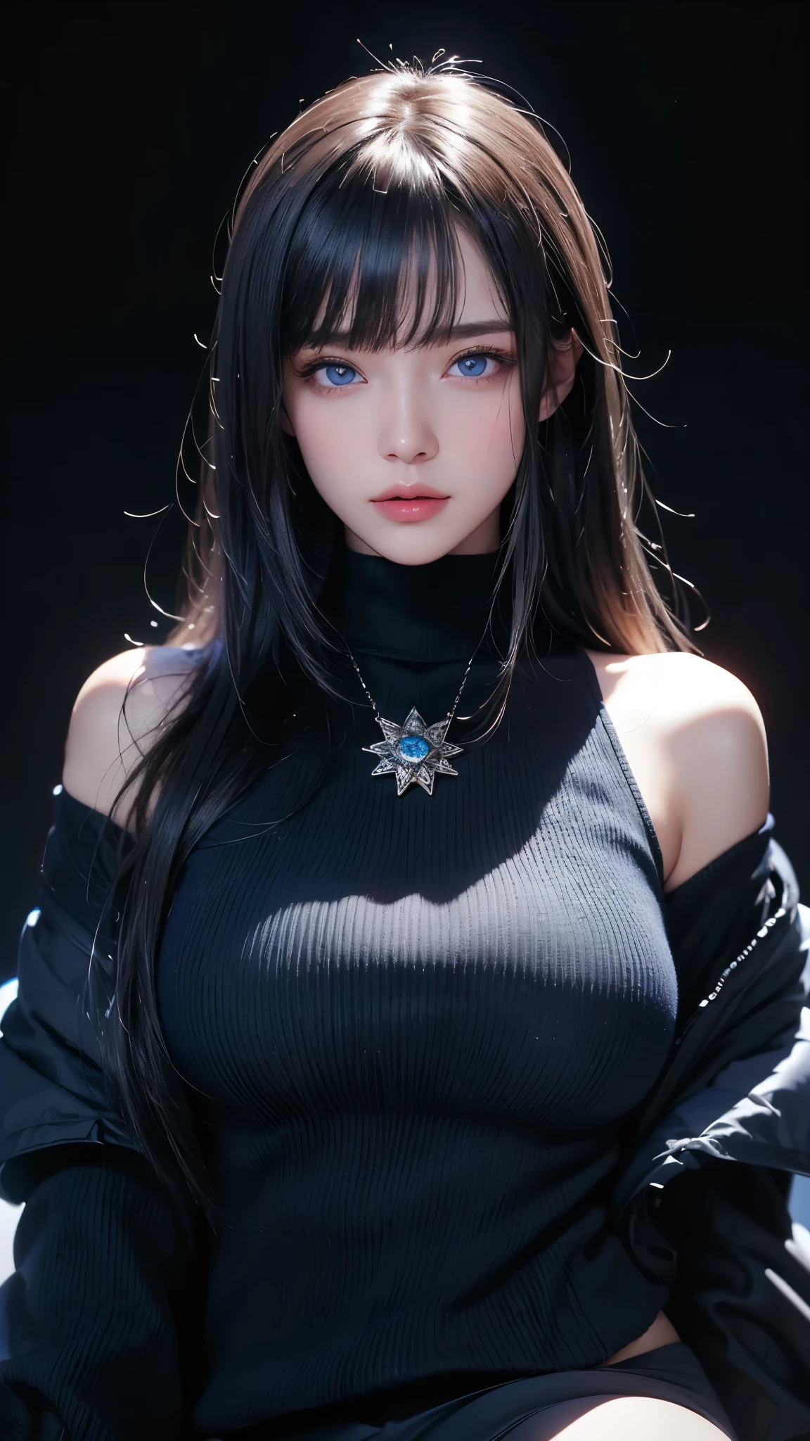 masterpiece, highest quality, Super detailed, Facing the camera, 複雑に詳細なSuper detailed, Realistic, Sharp features, Very detailed, Sharp focus, Perfect Face, Perfect Face, Perfect symmetrical perfect eyes, Perfect Plump Lips, Flexible female form, Cinematic, Film Light, Super detailed, hyper Realistic, masterpiece, Atmospheric, High resolution, Vibrant, Dynamic Studio Lighting, ((Dark Background)), The expression when enduring pleasure, Straight bangs, blue eyes,Black sweater, Cowboy Shot,turtleneck、first round、Sexually aroused expression、Clothes with a slit in the chest