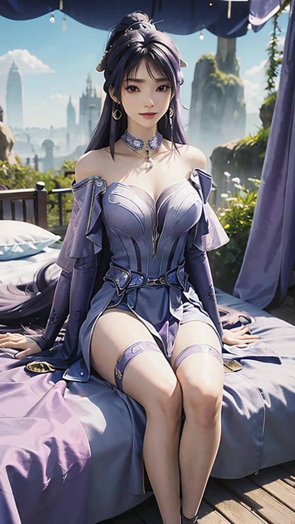 Ultra HD, 8K picture quality, A girl, Happy, Very long blue-purple hair, Blurry Purple Dress, Delicate eyes, Sitting,Sitting on the bed， （（whole body）），barefoot，whole body cross legs，Unreal Engine 5,Background cosmic galaxy，background illusory，Thigh black，Black silk legs，Tulle draped over shoulders，Does not expose the sulcus，Black stockings，（（Long black stockings））