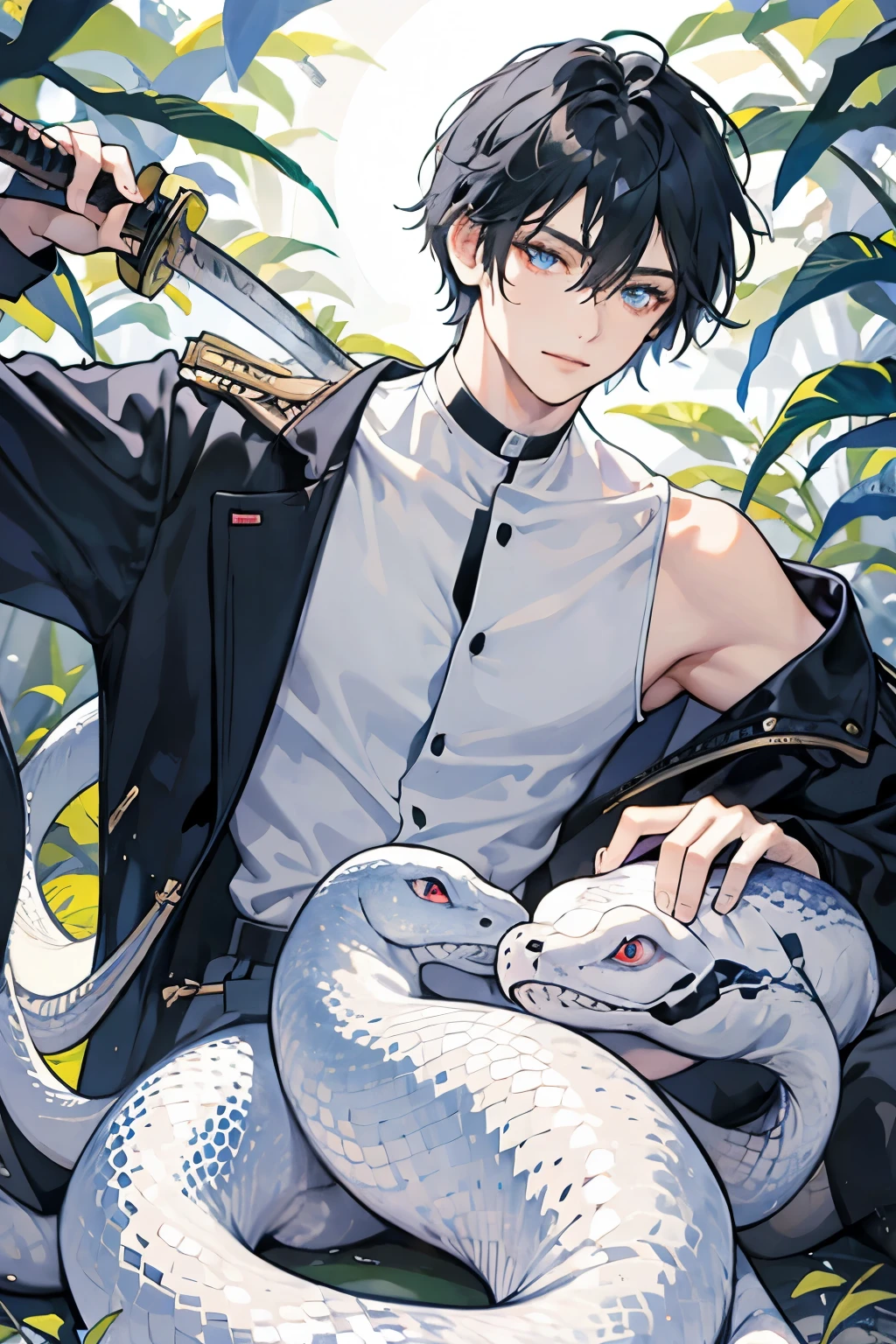 ultra detailed, masterpiece, best quality, (solo man), (male focus), ((Oblong face)), ((Square jawline)), black hair, ((hairs between eyes)), ((shoulder length)), ((narrow blue eye)), fair skin, skinny body, beauty mark, {uniform, outfit, clothes}, dress shirts, (Giving an insincere smile:0.7), (entangled a big albino snake), (holding katana), in a forest, full body