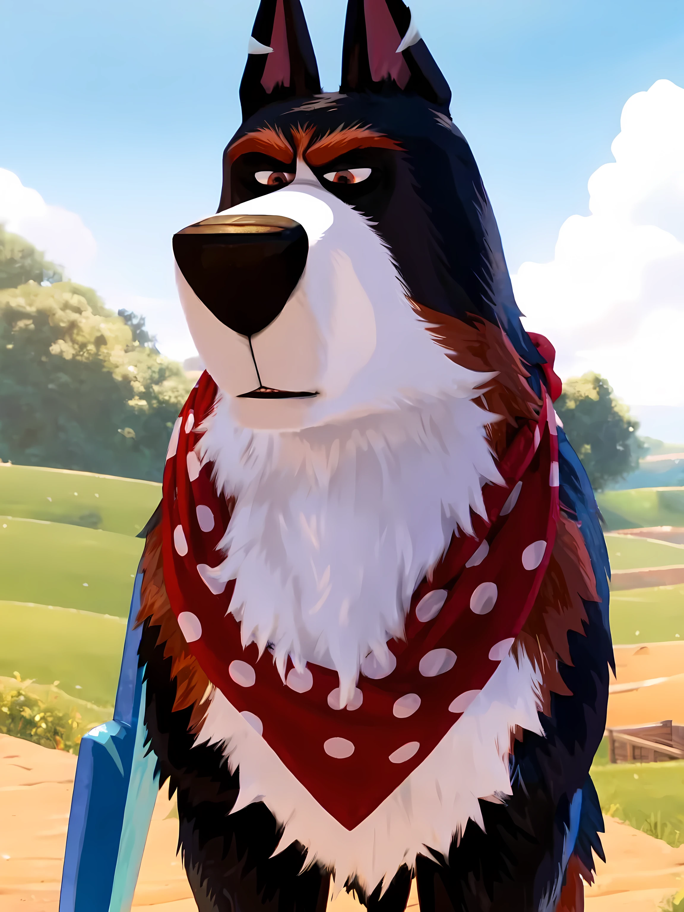 rooster the dog, masculine, male, quadruped, feral dog, very muscular:1.3, muscles:1.2, pectorals:1.2, muscular shoulders, muscular neck, wide chest, muscular chest, negger style, wfa style, countryside background, watercolors, red scarf, cel shading, full body, detailed eyes, high quality, high resolution, detailed,