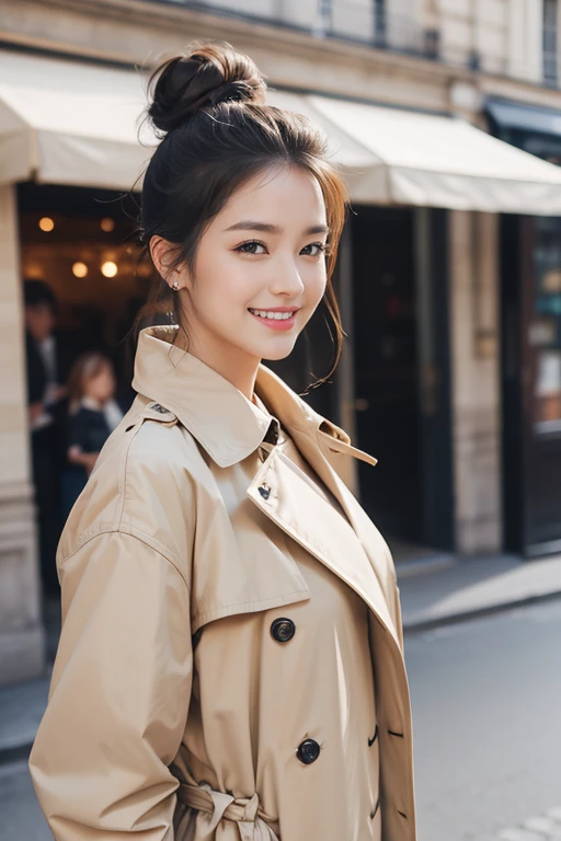 highest quality、4K、Perfect Face、Perfect Style、Sunburn、beautiful、stylish appeal、Mature、bun hair、Swept-back hair、in paris 、full body, giddy smile、hoop pierce、trench coat