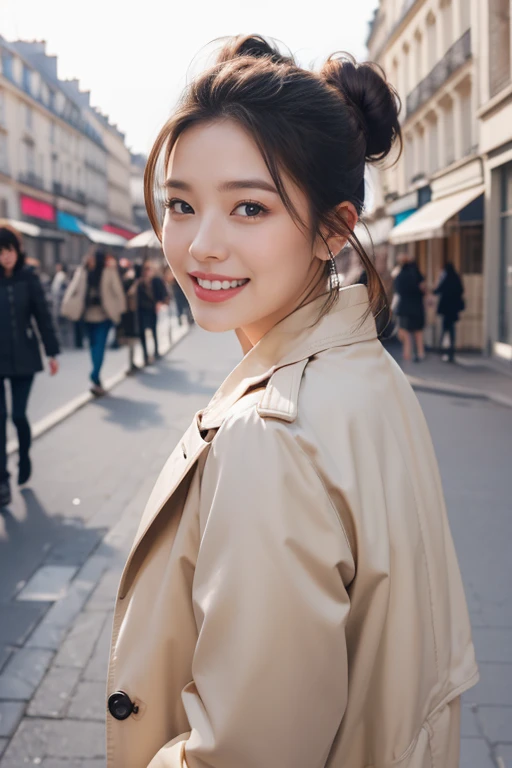 highest quality、4K、Perfect Face、Perfect Style、Sunburn、beautiful、stylish appeal、Mature、bun hair、Swept-back hair、in paris 、full body, giddy smile、hoop pierce、trench coat
