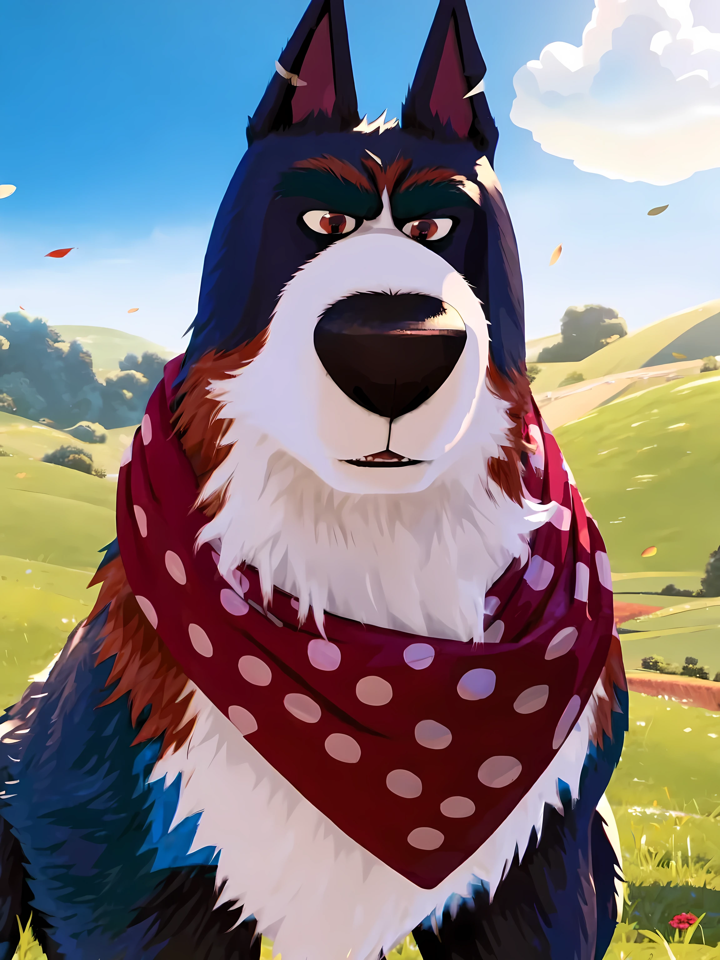 rooster the dog, masculine, male, quadruped, feral dog, very muscular:1.3, muscles:1.2, pectorals:1.2, muscular shoulders, muscular neck, wide chest, muscular chest, negger style, wfa style, countryside background, watercolors, red scarf, cel shading, full body, detailed eyes, high quality, high resolution, detailed,