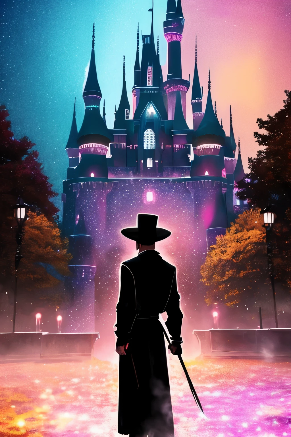 a warrior in black hats standing in front of the castle, luminous design, pastel colours, ink drips, autumn lights
