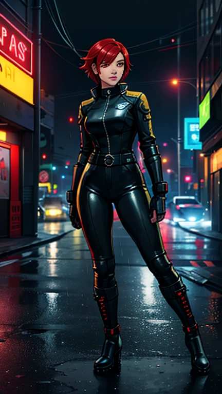 Beautiful woman 1female with curly hair style in a police cap, Short police clothes in the style of cyberpunk police, Tanned:2 Skin, It looks contrasting, good anatomy, Muscles are drawn, so speed running to catch theif,The evening sky is overcast, in the background ((nighttime)) Colorful Neon City, wet asphalt, low angle camera view, heavy traffic, fog background,