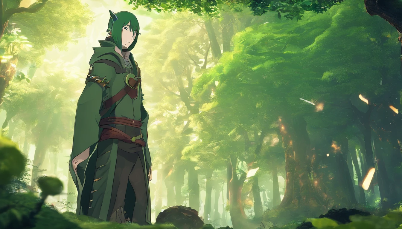 Ryu, Elbow hand pockets, Green Cape, Hooded cloak, Forest Background, Bokeh, Medium Shot, Very detailed, beautiful, masterpiece, Perfect Anatomy, [[Award-winning photography, Macro Photography Vivid Colors]], Atmospheric, Majestic, High resolution, That&#39;s excellent, Very detailed, complicated, Realistic lighting, 4K, (alone:1.2), (cute:1.1), (Anime screenshots), 　in the forest, morning, Carrying a walking stick, elf with pointed ears,　The whole body is shown, Back view. In the style of "Is It Wrong to Try to Pick Up Girls in a Dungeon?"