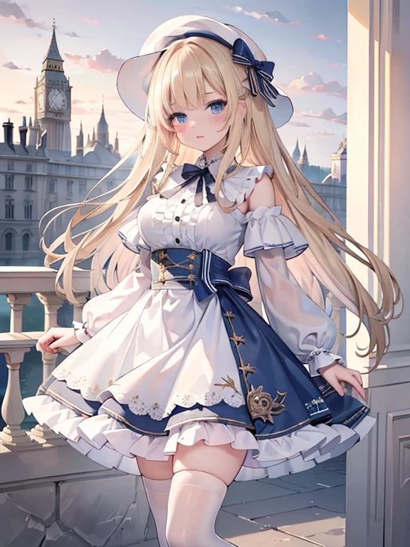 masterpiece, highest quality, Very detailed, 16k, Ultra-high resolution, Cowboy Shot, , Detailed face, Perfect Fingers, blue eyes, Blonde, Long Hair, Tsubo wide hat, Gorgeous white blouse, Luxurious brooches, Long skirt, White High Knee Socks, Enamel shoes, Dreamscape, London cityscape, Before Big Ben, Stand