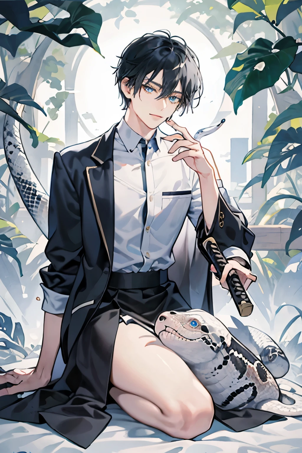 ultra detailed, masterpiece, best quality, (solo man), (male focus), ((Oblong face)), ((Square jawline)), black hair, ((hairs between eyes)), ((shoulder length)), ((narrow blue eye)), fair skin, skinny body, beauty mark, {uniform, outfit, clothes}, dress shirts, (Giving an insincere smile:0.7), (entangled a big albino snake), (holding katana), in a forest, full body