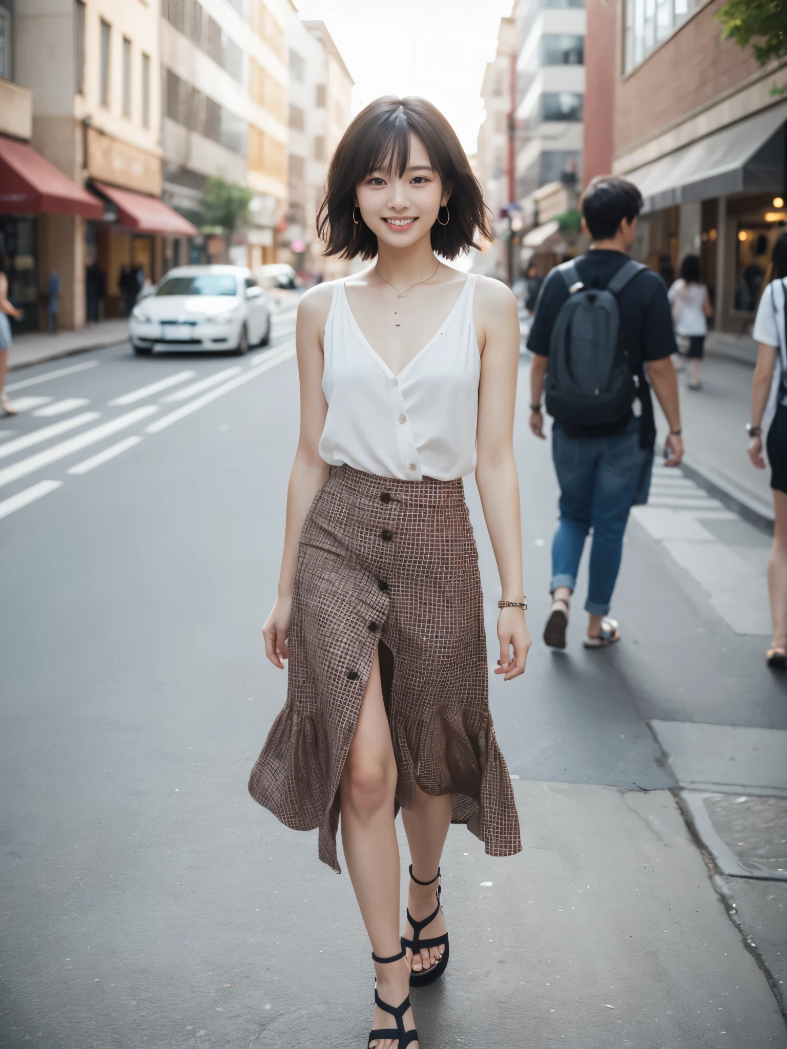 Female college student、No sleeve、Open chest、E Cup、Checked Skirt、すらっと伸びたthin脚、Long legs、Platform Sandals、short hair、Brown moderate hair、clear、thin、slim、thinウエスト、Beauty、looking at the camera、Walking around the city、Cute Smile、Summer sunshine、Emphasize the chest