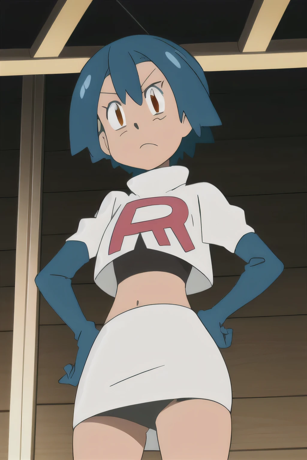 fuukoizumo, fuuko izumo, black hair, hair between eyes, (brown eyes:1.5), short hair,8k, masterpiece,highres,team rocket uniform, red letter r, white skirt,white crop top,black thigh-high boots, black elbow gloves, glaring angrily, looking down at viewer, hands on hips, cowboy shot, zettai ryouiki,from below, black panties,anime style, vivid colors, sharp focus, intense lighting,