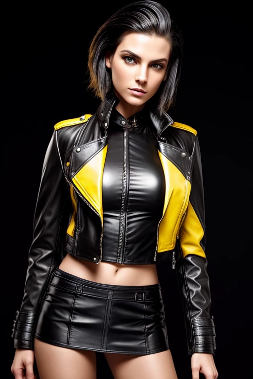 Gorgeous european steampunk woman with very short straight hair, wet hair, hair slicked back, combed straight back, slick hair, black to yellow gradient hair, wearing a leather jacket with nothing underneath and mini skirt, solid dark black background
