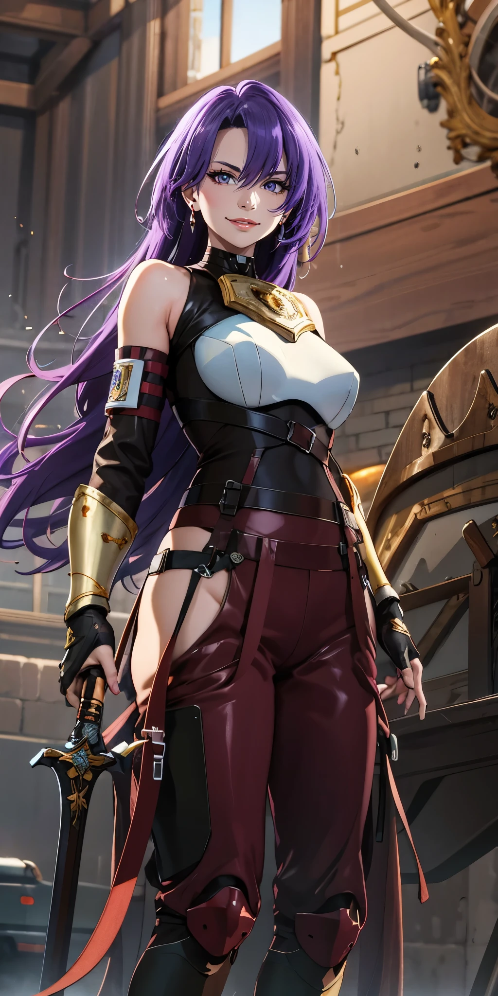 anatomically correct, best quality, masterpiece, high quality, high details, highres, HD, (shaded face:1.2), hollow eyes, purple eyes, looking at viewer, seductive smile, lips, purple hair, long hair, hip vent fingerless gloves bare shoulders belt red pants breastplate, a woman dressed in armor holding a sword, concept art, by Yang J, anime girl wearing a black dress, phone background, from girls frontline, stanley artgerm lau