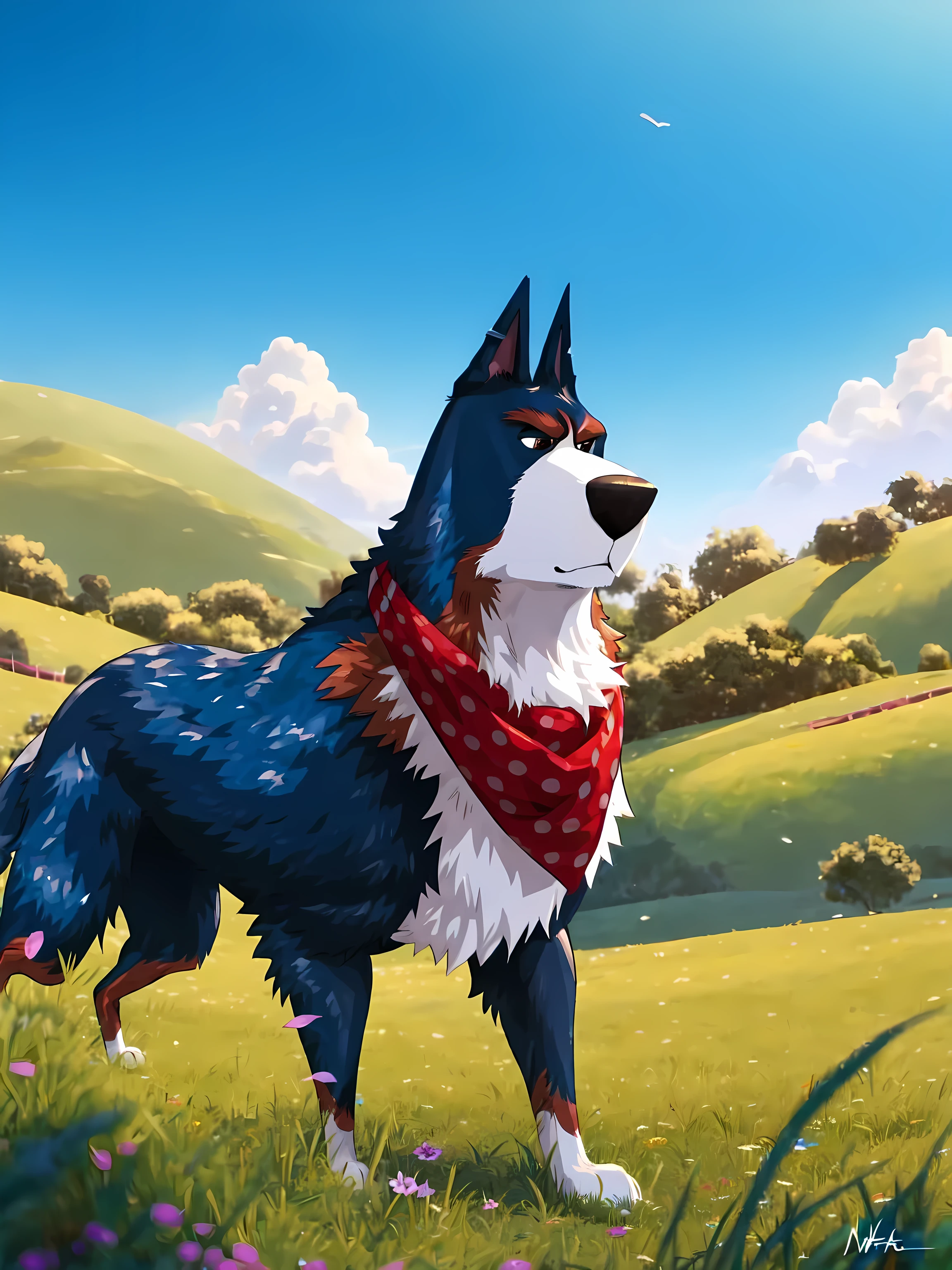 rooster the dog, masculine, male, quadruped, feral dog, very muscular:1.3, muscles:1.2, pectorals:1.2, muscular shoulders, muscular neck, wide chest, muscular chest, negger style, wfa style, countryside background, watercolors, red scarf, cel shading, full body, detailed eyes, high quality, high resolution, detailed,