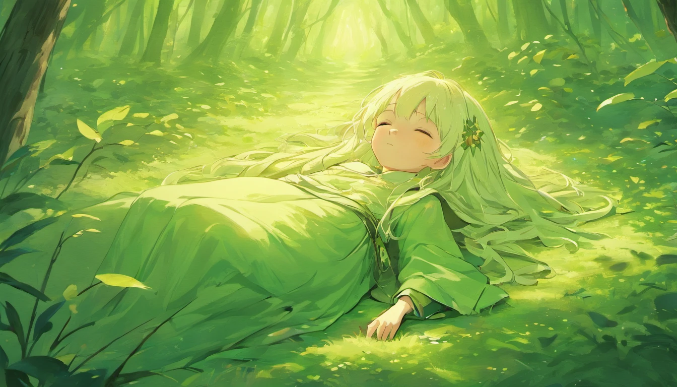 In a lush, serene forest, a young-looking elf woman in her 40s is lying peacefully in the grass, sleeping. She has long, silver hair flowing down her shoulders and piercing, kind eyes. Her ears are pointed, characteristic of elves. She is dressed in a white tunic and a green cloak fastened with a golden brooch. She has a gentle, peaceful expression as she sleeps. A wooden staff adorned with fresh green leaves rests beside her. The forest around her is filled with tall trees, their trunks bathed in soft, dappled sunlight filtering through the dense canopy above, creating a tranquil and enchanting atmosphere. Fallen leaves are swirling around. Anime in the style of 'Is It Wrong to Try to Pick Up Girls in a Dungeon?'