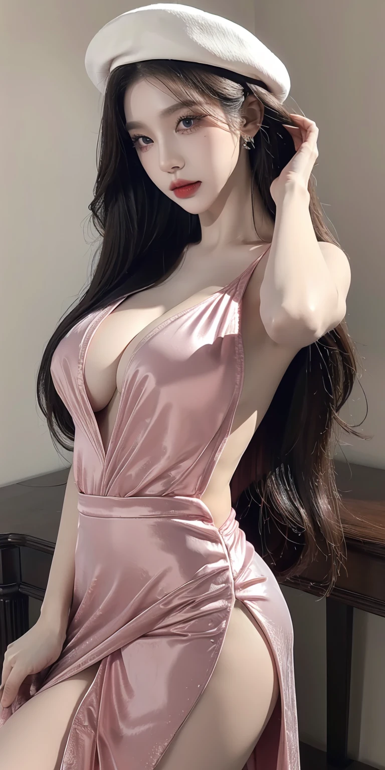 hot Elegant sexy Lady with very cute face , (((very very detale face))) , beutiful eyes , (((detale eyes))) very long eye lashes , pink makeup , ((giantic breasts)) , in Long Black Dress and Hat. Fashion Woman in evening Luxury Gown with Slit over White. Mysterious Beautiful Girl showing Sexy Leg in Flying Skirt stock photo high detail , 4K 3D , ultra realistic, photorealistic , highly detailed , 4k , 8k , ultra detailed , hyperrealistic
