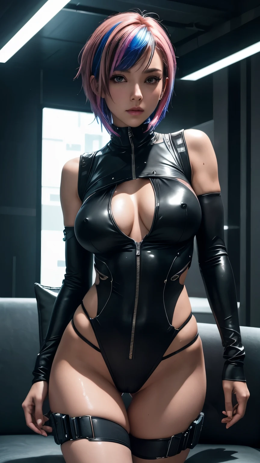 (Highly detailed CG Unity 8k wallpaper), (Super detailed), masterpiece, highest quality, Lucy (cyber punk), Bodysuits, alone, chest, cyber punk city, Multicolored Hair, short hair, View Viewer, medium chest, black Bodysuits, Grey Eyes, Hip vents, Clothing cutouts, Thigh Gap, Covered navel, White jacket, 肩をExpose, Short shorts, sofa, Dirty Body Upper Body Sweaty Big Breasts Expose Fluid from nipples Reverse Rape Slimy saliva Urinating Watching the audience Attractive body Muscular