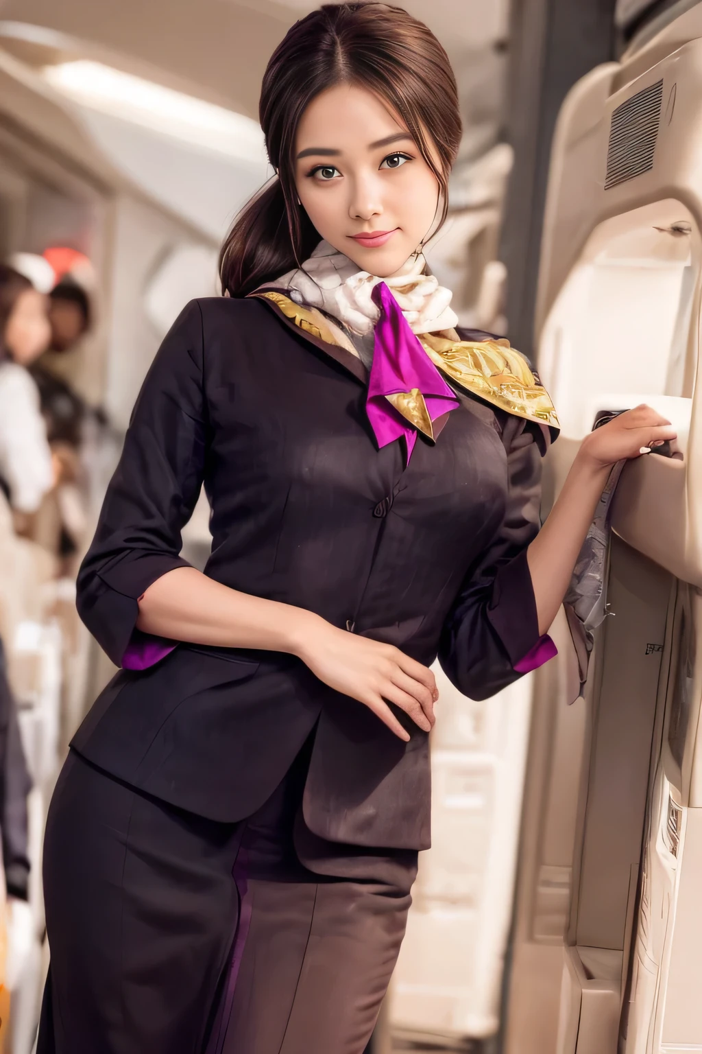 (masterpiece:1.2、highest quality:1.2)、32K HDR、High resolution、(alone、1 girl、Slim figure)、（A realistic reproduction of the ETIHAD Airways Cabincrew Uniform）、 (On board, Professional Lighting)、A proper woman, Beautiful Face,、（Long sleeve ETIHAD Airways Cabincrew Uniform）、（ETIHAD Airways Cabincrew Uniform skirt with purple stripe on the front）、（scarf on chest）、Big Breasts、（Long Hair Up、Hair Bun）、Dark brown hair、Long Shot、（（Great hands：2.0））、（（Harmonious body proportions：1.5））、（（Normal limbs：2.0））、（（Normal finger：2.0））、（（Delicate eyes：2.0））、（（Normal eyes：2.0））)、Beautiful standing posture、smile