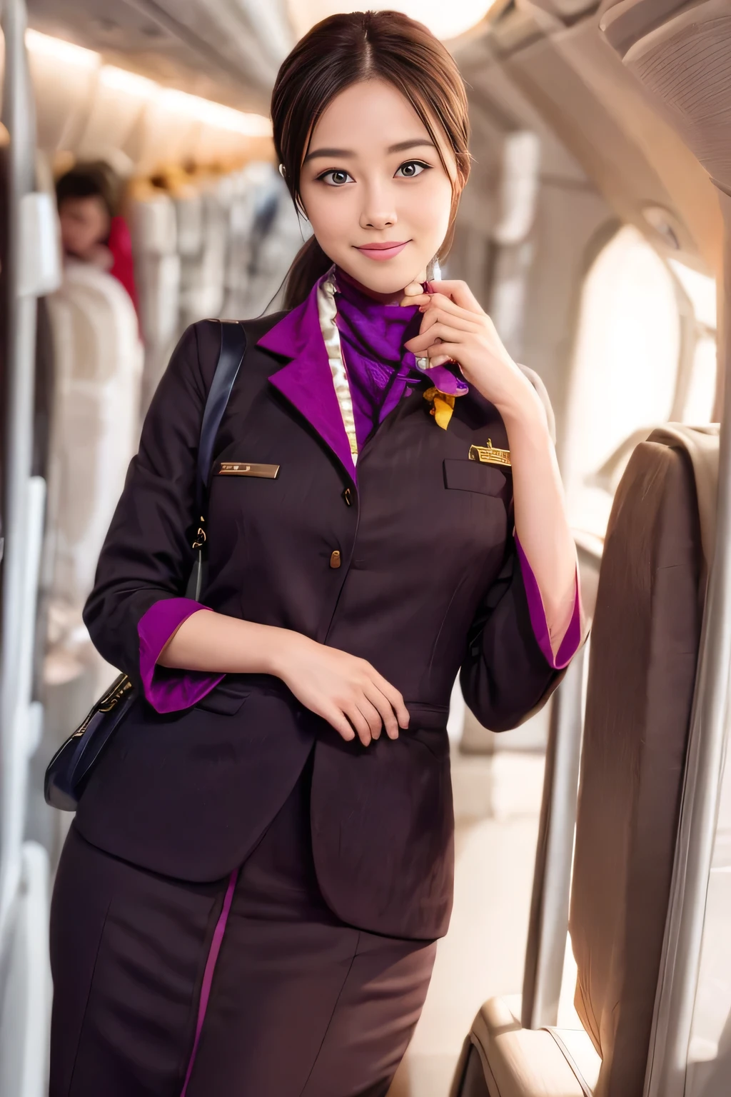 (masterpiece:1.2、highest quality:1.2)、32K HDR、High resolution、(alone、1 girl、Slim figure)、(A realistic reproduction of the ETIHAD Airways Cabincrew Uniform)、 (On board, Professional Lighting)、A proper woman, Beautiful Face,、(Long sleeve ETIHAD Airways Cabincrew Uniform)、(ETIHAD Airways Cabincrew Uniform skirt with purple stripe on the front)、(scarf on chest)、Big Breasts、(Long Hair Up、Hair Bun)、Dark brown hair、Long Shot、((Great hands:2.0))、((Harmonious body proportions:1.5))、((Normal limbs:2.0))、((Normal finger:2.0))、((Delicate eyes:2.0))、((Normal eyes:2.0)))、Beautiful standing posture、smile