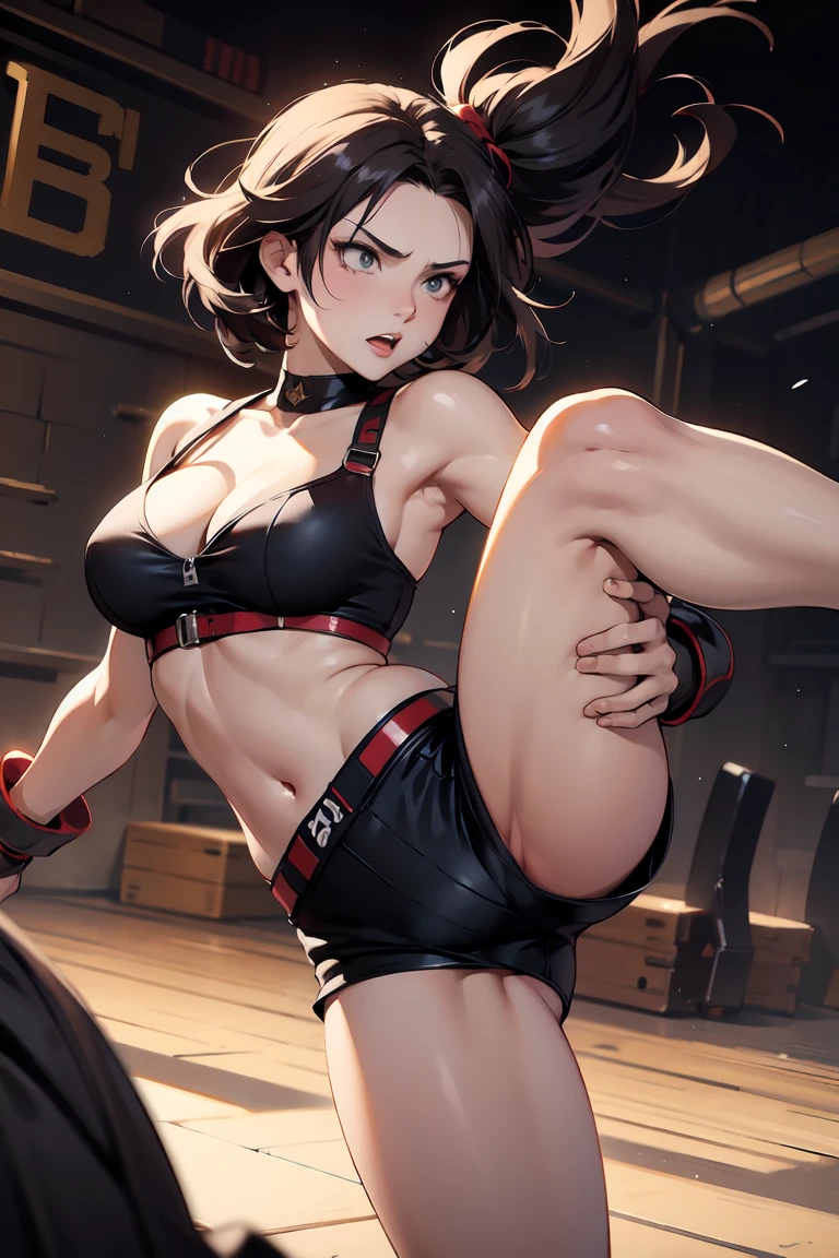 （Masterpiece、high quality、high resolution）、Female Fighter、Cleavage、belly button、Grim face、High Kick、Shorts、storehouse、fight