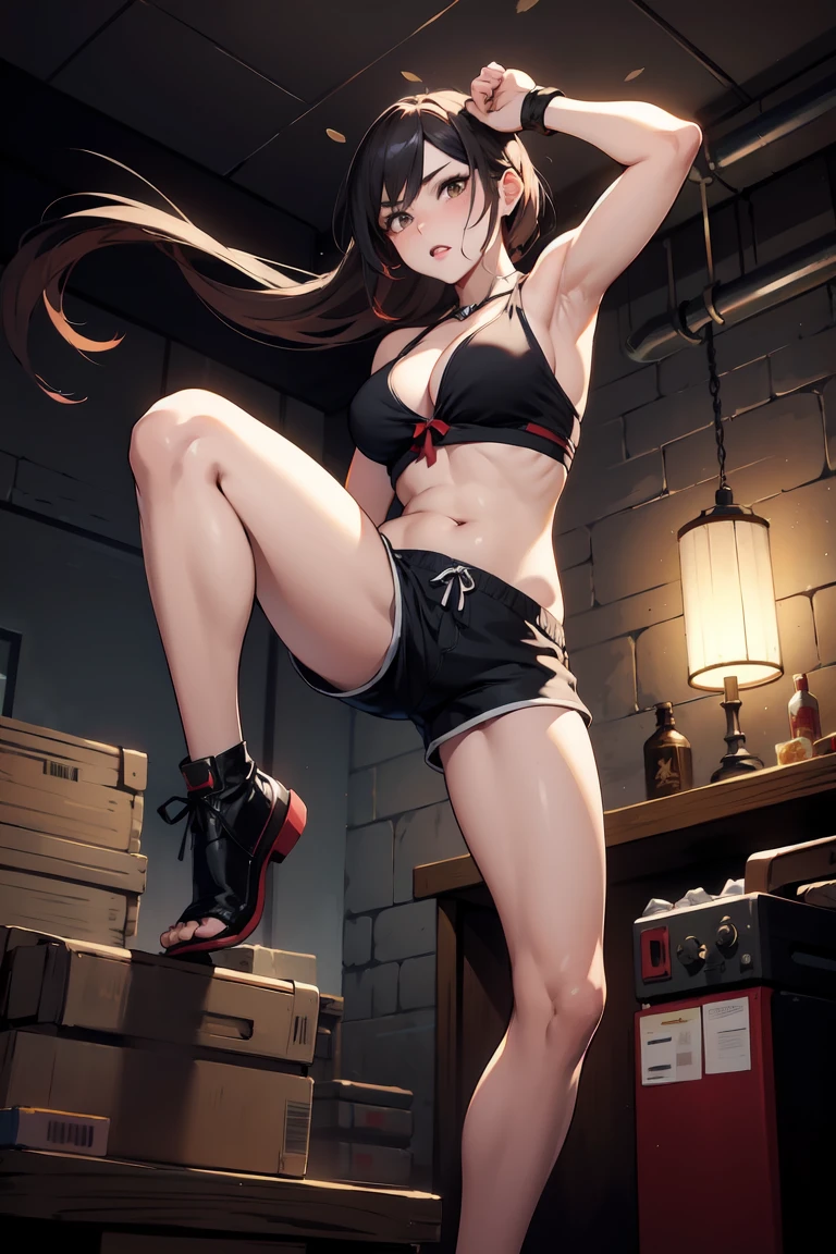 （Masterpiece、high quality、high resolution）、Female Fighter、Cleavage、belly button、Grim face、High Kick、Shorts、storehouse、fight