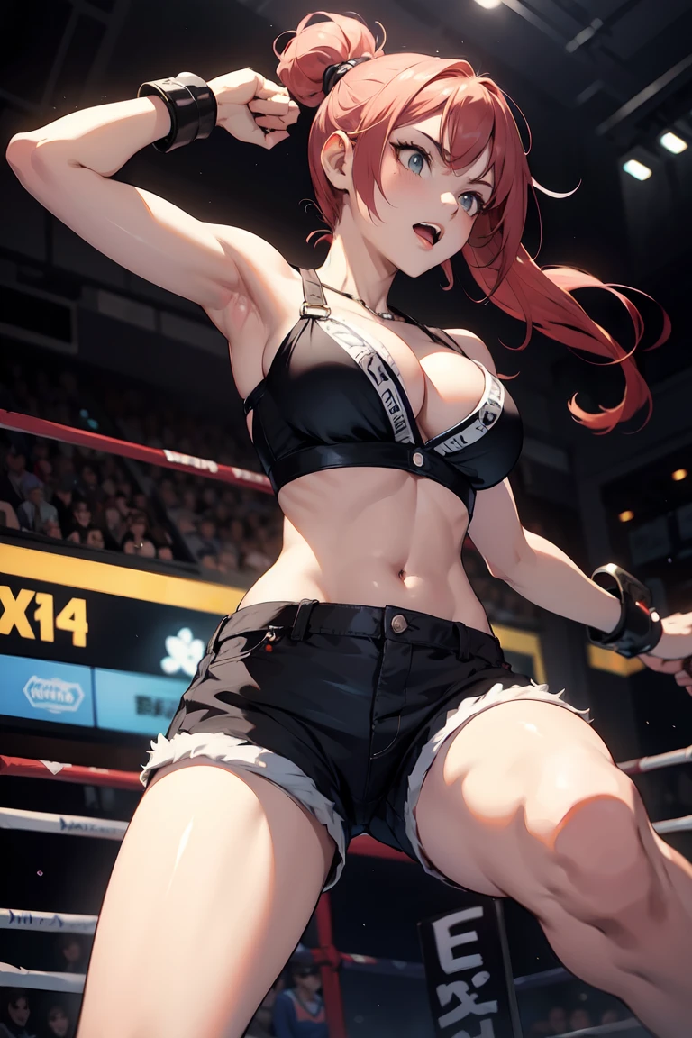 （Masterpiece、high quality、high resolution）、Female Fighter、Cleavage、belly button、Grim face、High Kick、Shorts、storehouse、fight