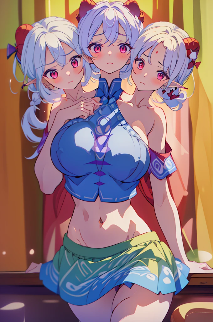 (masterpiece, best quality), best quality, (ultra-detailed), (3heads:1.5), 1girl, (toutetsu yuuma:1.3), masterpiece, best quality, ultra quality, ultra resolution, ultra detail, blue top, crop top, ((stomach)), midriff, ((groin)), blue skirt, normal ears, shackles, white hair, very long hair, wavy hair, sidelocks, red eyes, parted lips, single horn, sweat, cute, toned belly, hand on own chest, eyelashes, (24 year old woman:1.3), (masterpiece:1.5), (best quality:1.5), (beautiful detailed), extremely detailed CG, extremely delicate and beautiful, depth of field, (finely detailed face), (perfect details:1.2), (mature female:1.3), wide pelvis, slender, large veiny breast, 16k resolution, highres, high quality, high definition, extremely detailed, masterpiece, white hair, long hair, alluring presence, braid, short skirt, close up, big tits, young, dragon girl, horns, red horns, sheep horns,