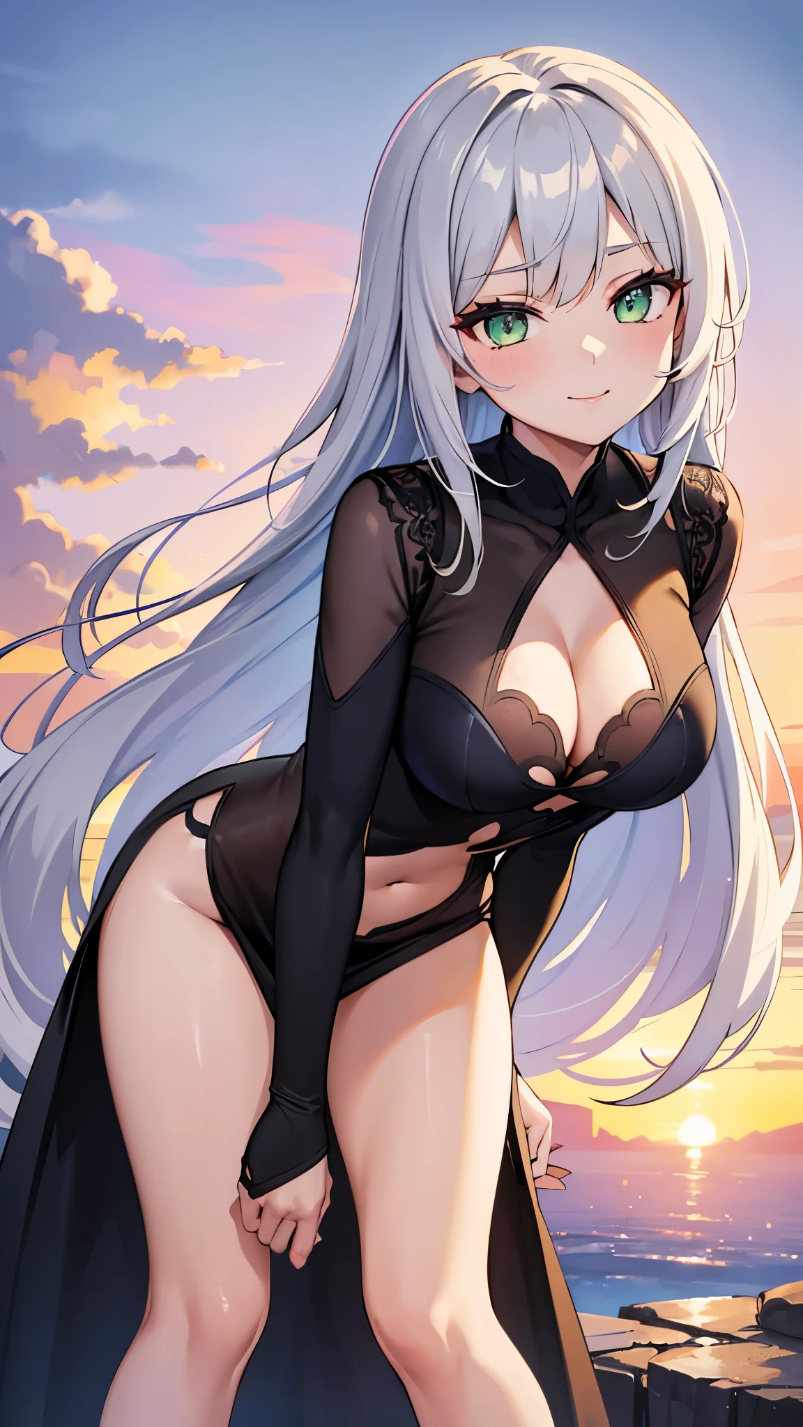 Mature girl, long hair, silver hair, green eyes, beautiful detailed eyes, medium hips, medium-large breasts, black dress, mesh cut-out, cleavage cut-out, sheer navel, thigh slit, sensual smile, vibrant colors, colorful scenery, outside, colorful sky, sunset, leaning forward