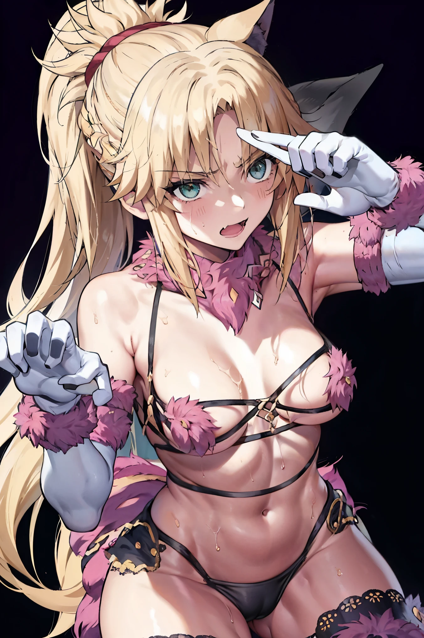 Masterpiece, Best Quality, illustration, city, 1girl, Mordred \(fate\), collarbone, Detailed blond hair ponytail braid, green eyes,,navel,thigh-high, covered_pussy,flat_chest,long_sworddangerousbeast,elbow_gloves,
,wolf_tail,wolf_ears,fang,happy,nihil,smile,spread_legs,claw_pose,armpits,open_mouth,angry,squat,bikini_bottoms,rise_hands,Highquality_hads,perfect_fingers,sweat,