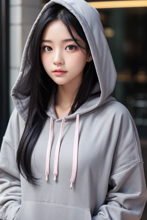 Long black hair。Wearing a grey hoodie。A girl with pink eyes