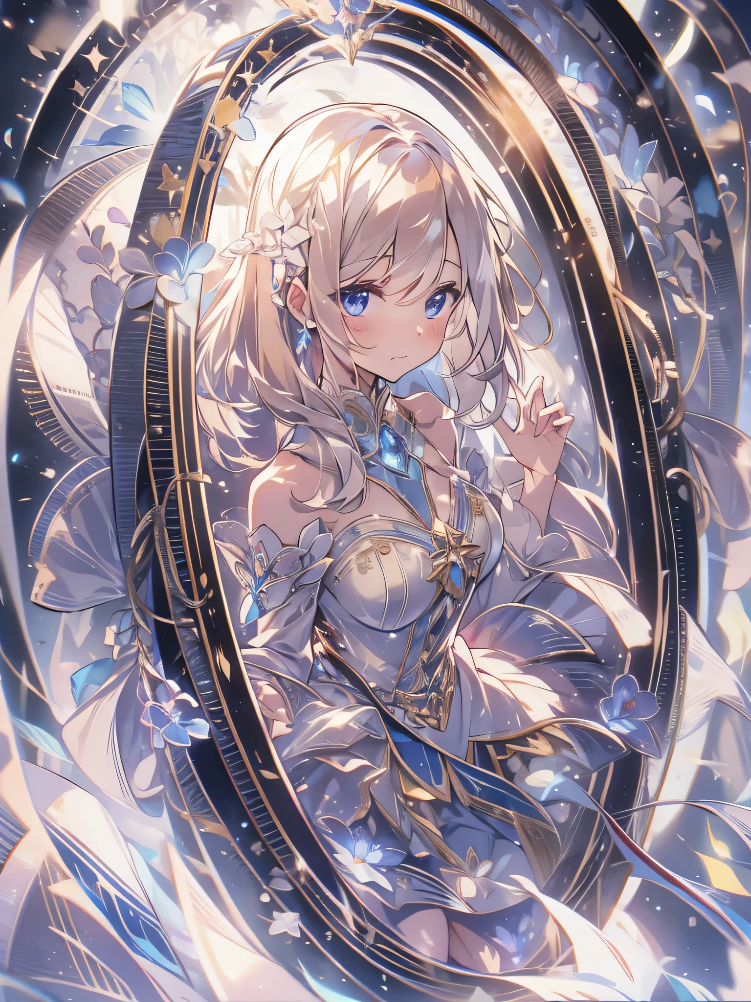 (anime)、(masterpiece:1.2),(high definition)、World of mirrors、Girl surrounded by mirrors、Sad face、cute、Light effects