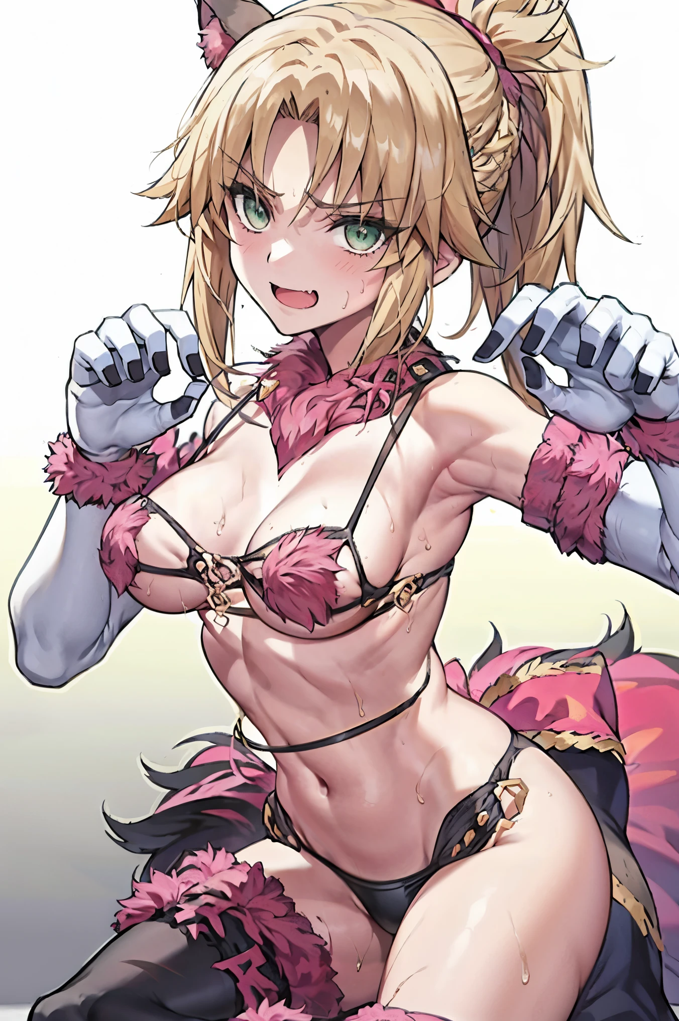 Masterpiece, Best Quality, illustration, city, 1girl, Mordred \(fate\), collarbone, Detailed blond hair ponytail braid, green eyes,,navel,thigh-high, covered_pussy,flat_chest,long_sworddangerousbeast,elbow_gloves,
,wolf_tail,wolf_ears,fang,happy,nihil,smile,spread_legs,claw_pose,armpits,open_mouth,angry,squat,bikini_bottoms,rise_hands,Highquality_hads,perfect_fingers,sweat,