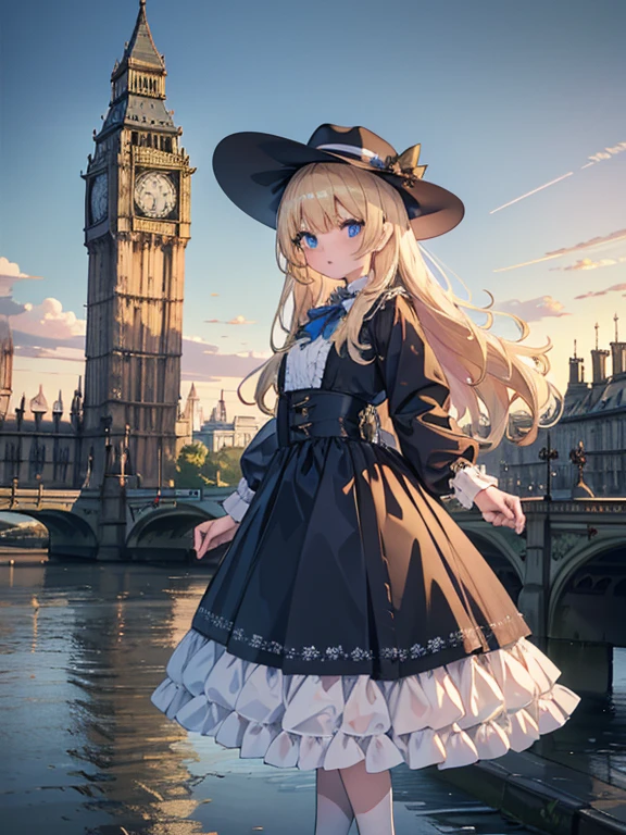 masterpiece, highest quality, Very detailed, 16k, Ultra-high resolution, Cowboy Shot, 14-year-old girl, Detailed face, Perfect Fingers, blue eyes, Blonde, Long Hair, Tsubo wide hat, Gorgeous white blouse, Luxurious brooches, Long skirt, Enamel shoes, London cityscape, b1gb3, Before Big Ben, Stand