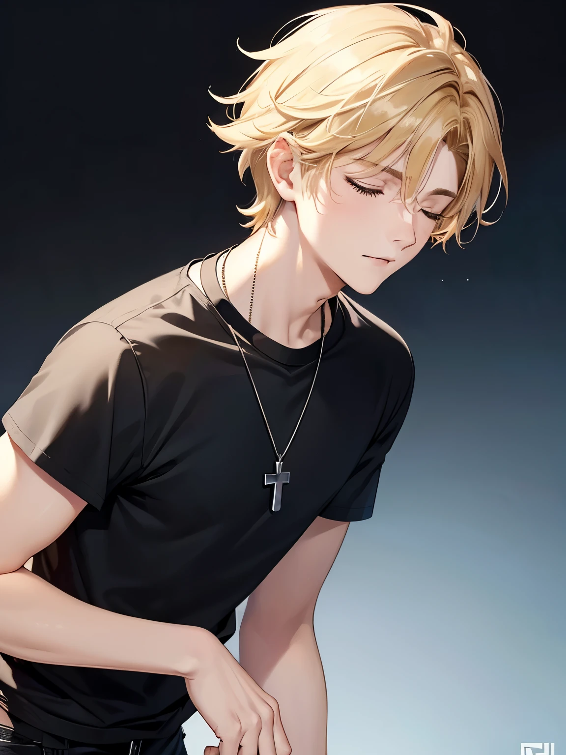 1boy,handsome,18 years old,plain t-shirt,Facing right, camera angle from the side, photo from the side,closed eyes,Perfect face, HD face, ultra detailed face, short hair, blonde hair, messy hair, vampire, black t-shirt,black t-shirt,plain t-shirt,short sleeve t-shirt, black trousers, cross necklace,ultra detailed, ultra HD