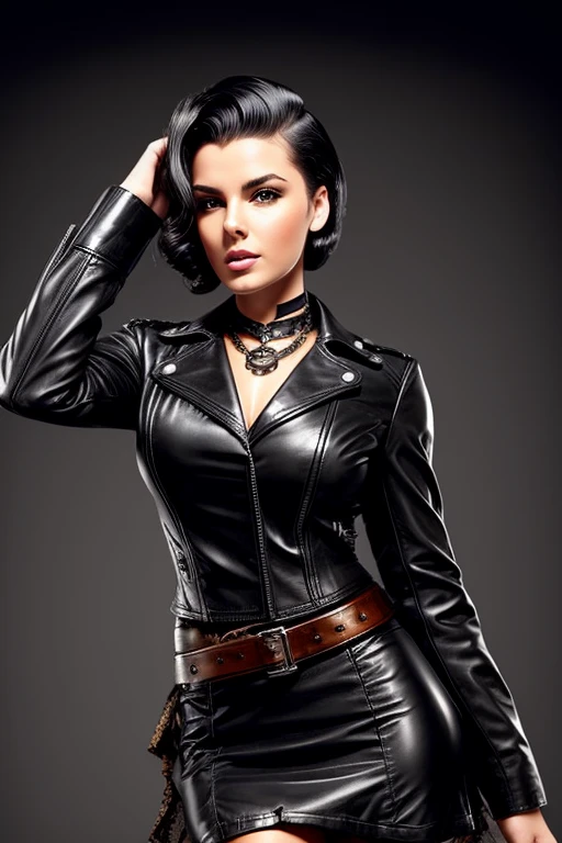 Gorgeous european steampunk woman with short 50s pinup hair, wet hair, hair slicked back, combed straight back, slick hair, black hair, wearing a leather jacket with nothing underneath and mini skirt, solid dark black background