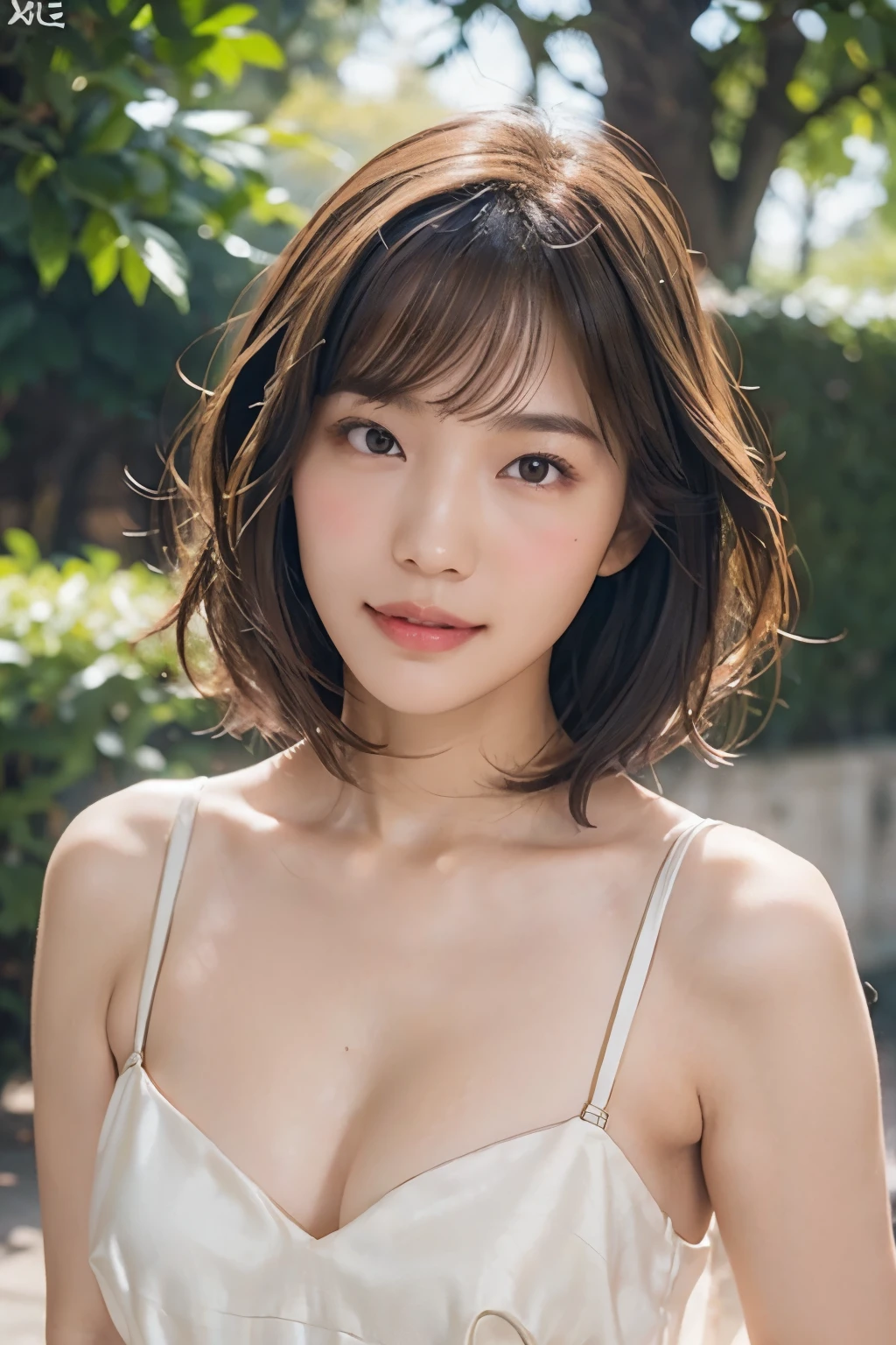 Realistic, High resolution, 1 female, Glowing Skin, alone, Wide lips,Beautiful breasts, cleavage is a little wide,Idol body type,round face,she,Realistic skin texture,Genuine,Detailed face,high school girl,Dynamic Pose,肌のshe,short hair,Brown Hair,Mr.々Situation background,Realistic skin feel,Glowing Skin,Silk dress,