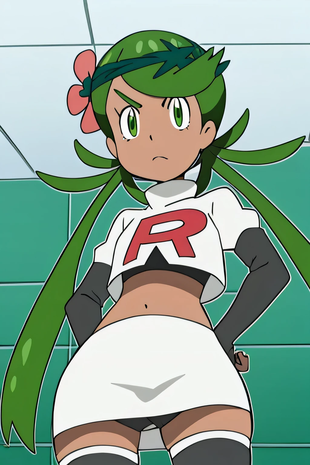 8k, masterpiece,best quality,highres,team rocket uniform, red letter r, white skirt,white crop top,black thigh-high boots, black elbow gloves, glaring angrily, looking down at viewer, hands on hips, cowboy shot, zettai ryouiki,from below, black ,anime style, vivid colors, sharp focus, intense lighting,defMallow, dark skin, hair flower, hair ornament,twintails, green hair