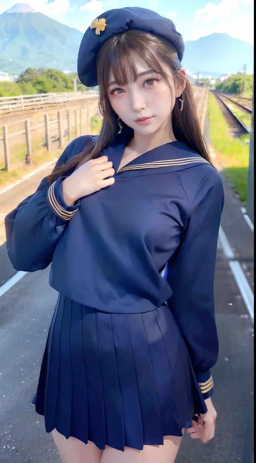 mix4, (16 K, Raw photography, Top image quality, masterpiece: 1.45), (realisitic, Photorealsitic: 1.37), one girls, 7.5, etc、No skin exposure due to clothing、well maintained、Random hairstyle、Standing figure,Morning time slot、a very cute,countryside view,, profetional lighting, photon maping、physically-based renderingt, Gradient dark brown hair,Crisp backgrounds and high resolution, a handsome, Well-groomed and beautiful eyes、Large double eyelids、Very shiny、girl with, (((student clothes、Navy blue long-sleeved sailor suit worn by Japan 、Navy blue sailor color、scarf、Navy blue miniskirt, Small beret、high socks、lowfers))), Top Quality Photos, hight resolution, 1080p, (clearface), (Detailed face description), (Detailed hand description), (masterpiece), (Exquisite CG)、extreme light and shadows、dishevled hair、master work、abundant detail、(Fine facial features)、(top quality photo)、(masuter piece)、(A detailed eye)、Look in front of you、Fine clavicle、((Slender big))、(((Japan in sailor suit)))、((Beautiful face like an idol))、((country、train track、railroad crossing、Mountains in the distance々))、(((neat and cute)))、earrings、A big smile、Drawing the whole body from the knees、Do not draw nasolabial folds、(((Cute sailor suit)))、(Big breasts that hang down big:1.2)、Big buttocks with tension、Two arms and two legs、(((from the front side:0.3)))、bare hand、No mask、Arrival train、