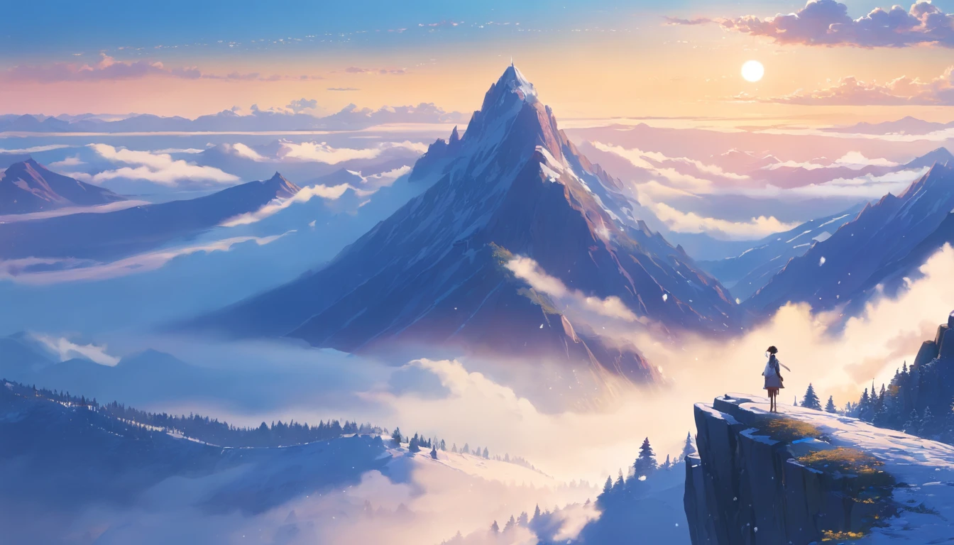 "In a breathtaking mountain landscape, a lone figure stands on a snowy ridge, gazing at the vast expanse of mountains covered in snow and mist. The person, wearing a flowing black and white cloak, has long hair that is gently blowing in the wind. The sky is painted with the soft hues of dawn, with light illuminating the snow-covered peaks. Below, a sea of clouds rolls through the valleys, creating a surreal and ethereal atmosphere. Tall, jagged cliffs rise on either side, adding to the dramatic scenery. The overall scene is one of solitude, awe, and the majestic beauty of nature."