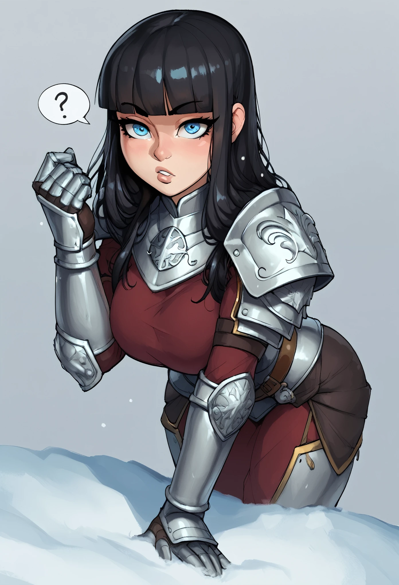 score_9, score_8_up, score_7_up, score_6_up, score_5_up, score_4_up, BREAK 1girl, black hair, loose hair, blue eyes, long eyelashes, confused expression, bent over, blunt bangs, adult, BREAK solo, large breasts, adult, skinny, arched back, thigh gap, armor, BREAK (snowy background:1.2), simple background, innocent, lovely, adorable,
