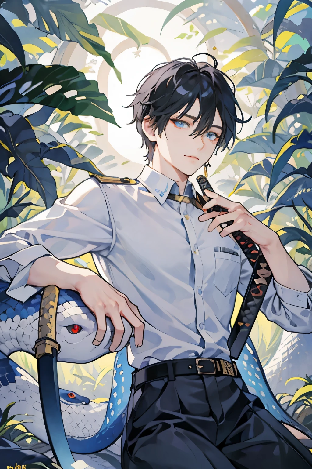 ultra detailed, masterpiece, best quality, (solo man), (male focus), ((Oblong face)), ((Square jawline)), black hair, ((hairs between eyes)), ((shoulder length)), ((narrow blue eye)), fair skin, skinny body, beauty mark, {uniform, outfit, clothes}, dress shirts, (Giving an insincere smile:0.7), (entangled a big albino snake), (holding katana), in a forest, full body