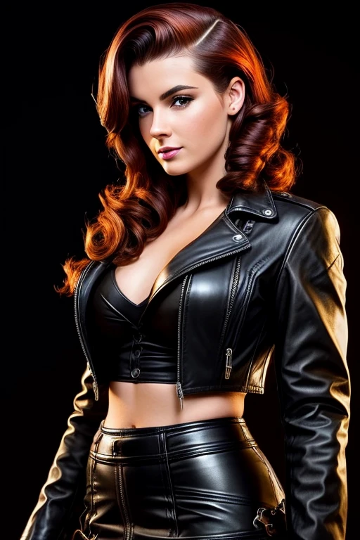 Gorgeous european steampunk woman with short 50s pinup hair, wet hair, hair slicked back, combed straight back, slick hair, auburn hair, wearing a leather jacket with nothing underneath and mini skirt, solid dark black background