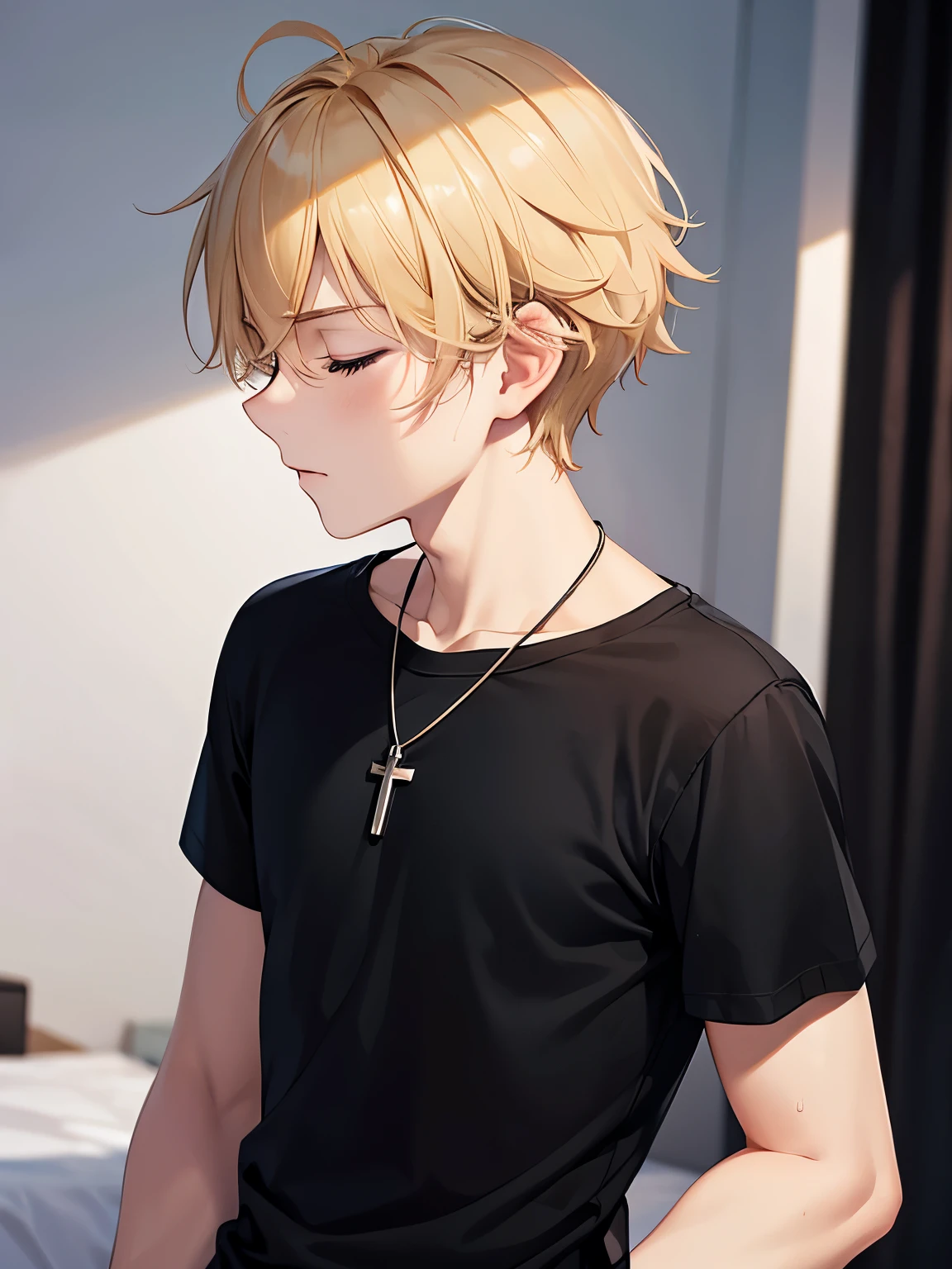 1boy,handsome,18 years old,plain t-shirt,Facing right, crawl in bedroom,camera angle from the side, photo from the side,closed eyes,Perfect face, HD face, ultra detailed face, short hair, blonde hair, messy hair, vampire, black t-shirt,black t-shirt,plain t-shirt,short sleeve t-shirt, black trousers, cross necklace,ultra detailed, ultra HD