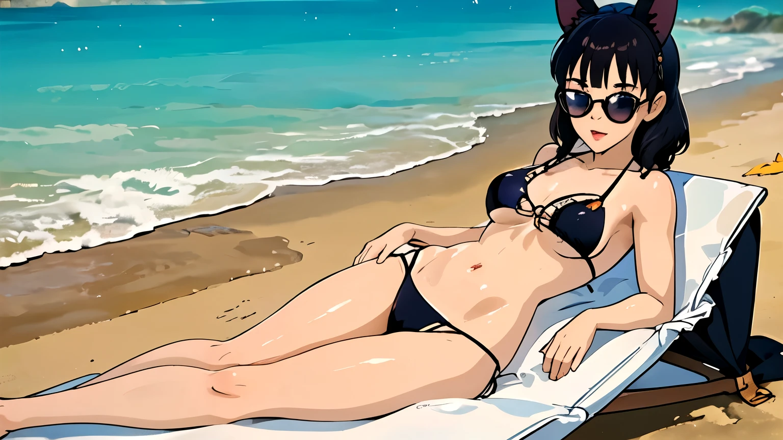 (1 chica hermosa junkotvv orejas de gato), (cabello largo color negro con ((orejas de gato)) y (orejas de gato)), sentada en una silla de playa con una sombrilla, ((fondo una playa hermosa con olas y sol y un cielo azul despejado, con gaviotas, pelotas de playa, bloqueador solar gafas de sol oscuras, piel descubierta con aceite, damp skin, piel con gotas de agua, toalla )),(bikini sexy), Swimsuit-type clothing for a beautiful, large-busted girl, pecho grande, decorated swimsuit and beautiful thighs, (ghibli style)