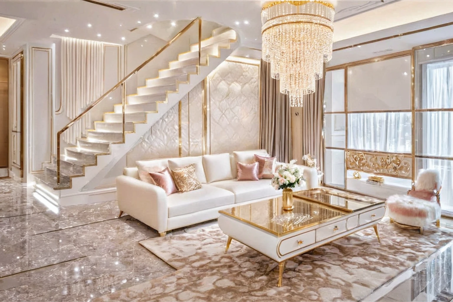 ，Masterpiece, Best quality，8K, Ultra-high resolution，When you step into the living room，Immediately surrounded by a rich atmosphere of luxury。Ornate crystal chandeliers hang high on the wall，Shine brightly。The sofa was covered with a soft white fluffy blanket，It is so comfortable，So much so that you can't help but indulge in it。In the corner of the living room is a delicate coffee table，Embellished with precious porcelain and champagne gold ornaments。Whenever it is late afternoon，The afterglow from the window spilled on the floor，Soft light and shadow are reflected，It was as if entering a dreamland。