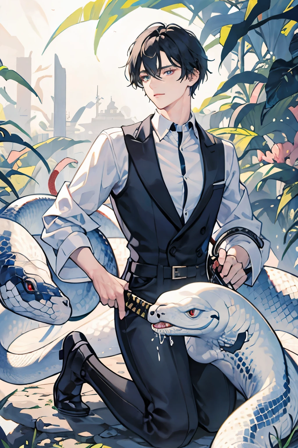 ultra detailed, masterpiece, best quality, (solo man), (male focus), ((Oblong face)), ((Square jawline)), black hair, ((hairs between eyes)), ((shoulder length)), ((narrow blue eye)), fair skin, skinny body, beauty mark, {uniform, outfit, clothes}, dress shirts, (Giving an insincere smile:0.7), (entangled a big albino snake), (holding katana), in a forest, full body
